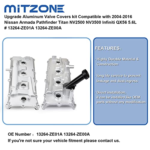MITZONE Upgrade Aluminum Valve Covers kit Compatible with 2004-2016 Nissan Armada Pathfinder Titan NV2500 NV3500 Infiniti QX56 5.6L # 13264-ZE01A 13264-ZE00A - Image 3
