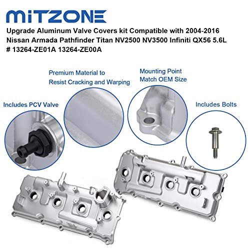 MITZONE Upgrade Aluminum Valve Covers kit Compatible with 2004-2016 Nissan Armada Pathfinder Titan NV2500 NV3500 Infiniti QX56 5.6L # 13264-ZE01A 13264-ZE00A - Image 4