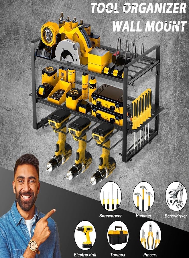 GcFoir منظم أدوات كهربائية مثبت على الحائط، عبوتان من 3 طبقات من رفوف الحائط للمرآب، حامل 8 مثقاب مثبت على الحائط، منظم أدوات لاسلكي، رف تخزين للمرآب مع حامل 4 أسلاك تمديد - Image 2