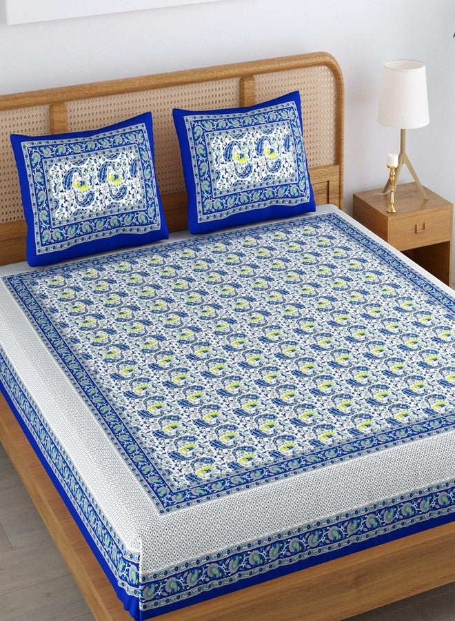 Colorish 120 TC Cotton Blend Elephant Printed Jaipuri Bedsheet for Double Bed King Size with 2 Pillow Covers, Indigo Blue - Image 3
