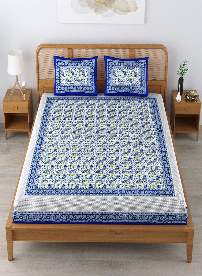 Colorish 120 TC Cotton Blend Elephant Printed Jaipuri Bedsheet for Double Bed King Size with 2 Pillow Covers, Indigo Blue - Image 4
