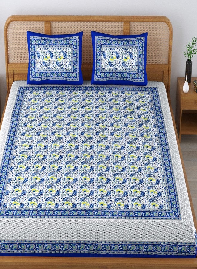 Colorish 120 TC Cotton Blend Elephant Printed Jaipuri Bedsheet for Double Bed King Size with 2 Pillow Covers, Indigo Blue - Image 2