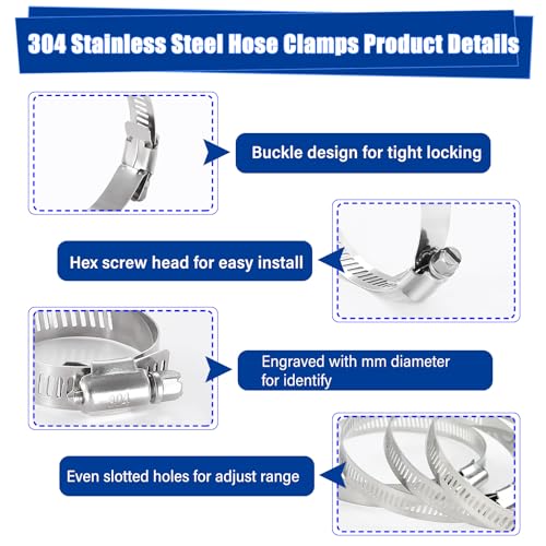imsiboc 30PCS 304 Stainless Steel Hose Clamp Assortment Kit, 3/8'' - 5/8'' (10-16mm) Adjustable Worm Gear Fuel Line Clamp for Plumbing, Automotive And Mechanical Applications - Image 3