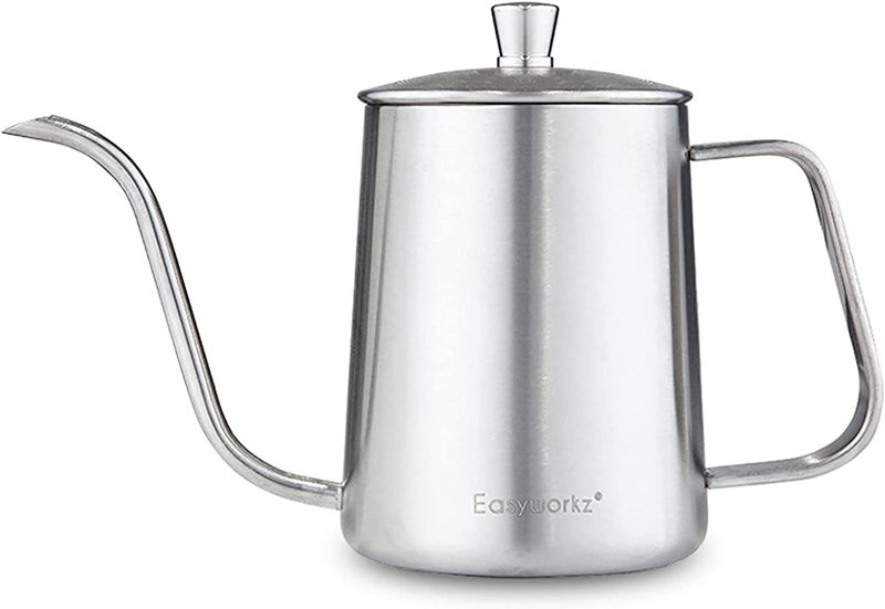 Easyworkz Gage Gooseneck Pour Over Coffee Kettle 20 oz Stainless Steel Hand Drip Long Narrow Spout Silver