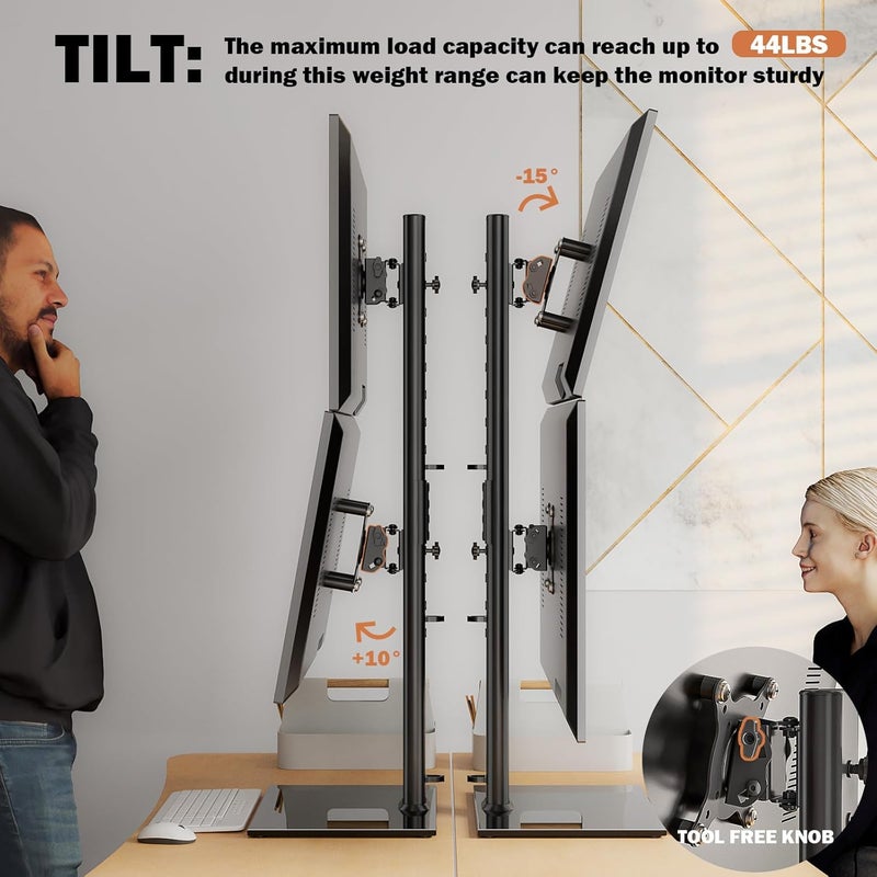 Hemudu Dual Monitor Stand - Vertical Stack Screen Free-Standing Monitor Riser Fits Two 13 to 34 Inch Screen with Swivel, Tilt, Height Adjustable, Holds One (1) Screen up to 20kg HT05B-002 - Image 4