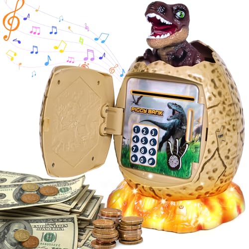 Refasy Electronic Piggy Bank for Kids Dinosaur ATM Piggy Bank Password Cash Coin Can Money Bank Kids Toy with Music Easter Birthday Gifts for Boys Girls 3 4 5 6 7 8 9 10 11 12 Year Old Brown - Image 1
