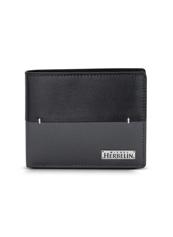 ميشيل هيربيلين Rime Leather Bi-Fold Black & Grey Wallet for Men's