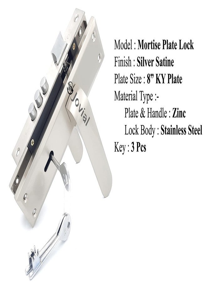 Jovial 8" Plate Mortise Door Lock Handle Set/Mortise Lock with Brass Lock Body and 3 Pcs Keys/Zinc Alloy Weather Proof (Silver Satin Finish, KY-56) - Image 2