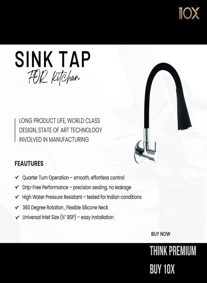 10X Sink Tap for Kitchen BL-9876 Flexible Neck Black Color Wall Mount, Chrome Finish (Double Flow), Metal - Image 2