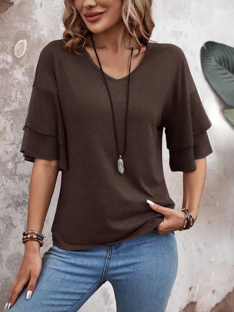 FUNBANG 3/4 Length Sleeve Womens Tops Ruffle Short Sleeve T Shirts Loose Fit Dressy V Neck Blouses Half Bell Spring Summer Fall Shirts 2026 Business Clothing Fall Fashion,Coffee Brown,XL - Image 4
