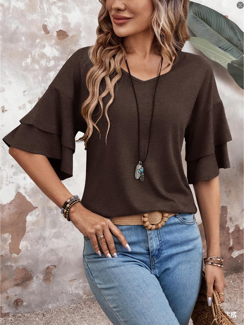 FUNBANG 3/4 Length Sleeve Womens Tops Ruffle Short Sleeve T Shirts Loose Fit Dressy V Neck Blouses Half Bell Spring Summer Fall Shirts 2026 Business Clothing Fall Fashion,Coffee Brown,XL - Image 3