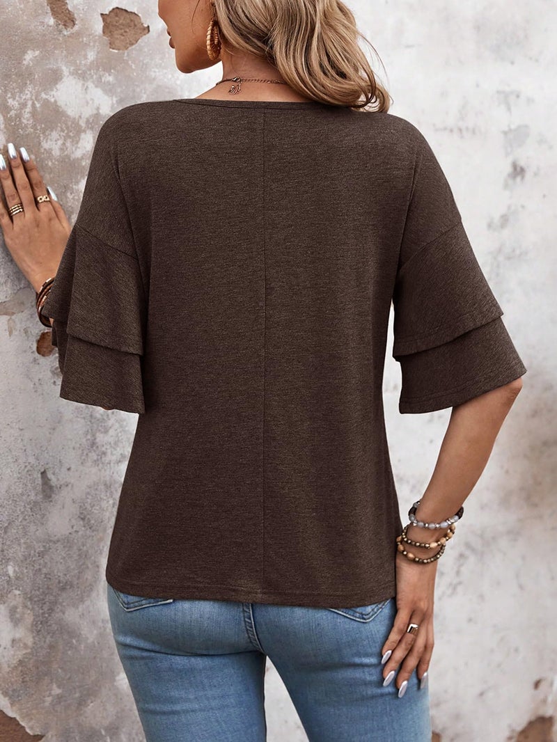 FUNBANG 3/4 Length Sleeve Womens Tops Ruffle Short Sleeve T Shirts Loose Fit Dressy V Neck Blouses Half Bell Spring Summer Fall Shirts 2026 Business Clothing Fall Fashion,Coffee Brown,XL - Image 2
