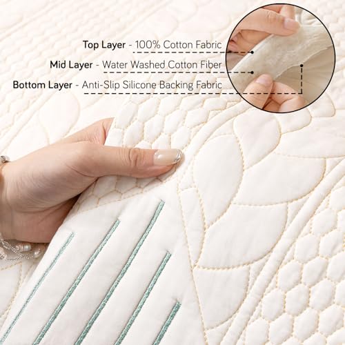 HOKIPO 'Cotton Reverie' Sofa Cover Mat | 100% Cotton Quilted Anti-Slip Mat for 2 Seater Sofa | Soft Wavy Design, Greenish Cream (AR-6177-GRN) - Image 3