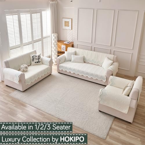 HOKIPO 'Cotton Reverie' Sofa Cover Mat | 100% Cotton Quilted Anti-Slip Mat for 2 Seater Sofa | Soft Wavy Design, Greenish Cream (AR-6177-GRN) - Image 5