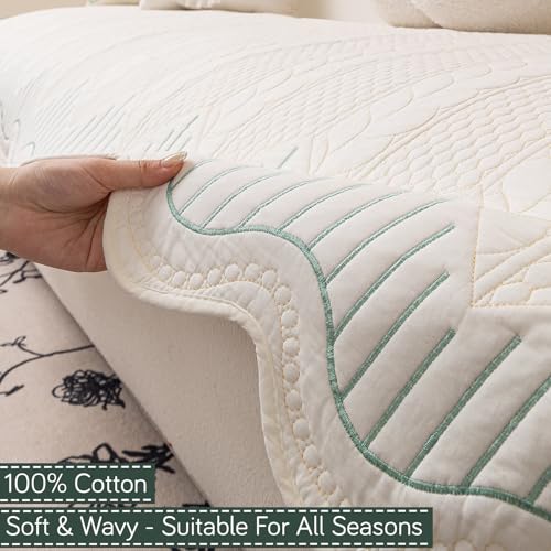 HOKIPO 'Cotton Reverie' Sofa Cover Mat | 100% Cotton Quilted Anti-Slip Mat for 2 Seater Sofa | Soft Wavy Design, Greenish Cream (AR-6177-GRN) - Image 2
