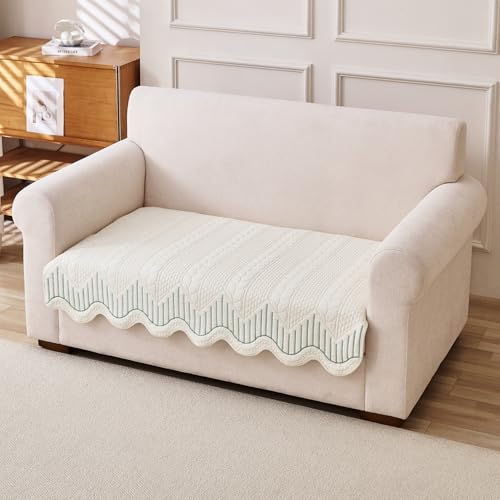 HOKIPO 'Cotton Reverie' Sofa Cover Mat | 100% Cotton Quilted Anti-Slip Mat for 2 Seater Sofa | Soft Wavy Design, Greenish Cream (AR-6177-GRN) - Image 1
