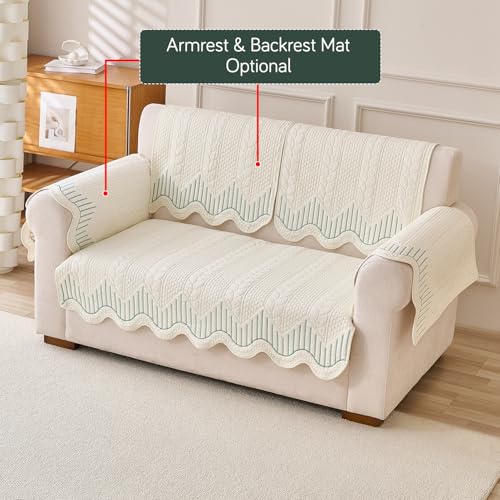 HOKIPO 'Cotton Reverie' Sofa Cover Mat | 100% Cotton Quilted Anti-Slip Mat for 2 Seater Sofa | Soft Wavy Design, Greenish Cream (AR-6177-GRN) - Image 4