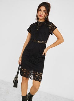 Cap Sleeve Lace Insert Knee Length Dress