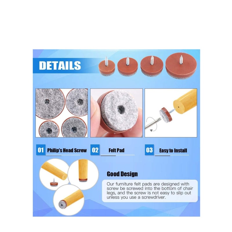 SOLARAE 50Pcs 20mm Brown Screw-on Furniture Antiskid Felt Pad Slider Floor Protector for Wooden Leg Feet of Chair Table Sofa Stool (50Pcs 20MM) - Image 4