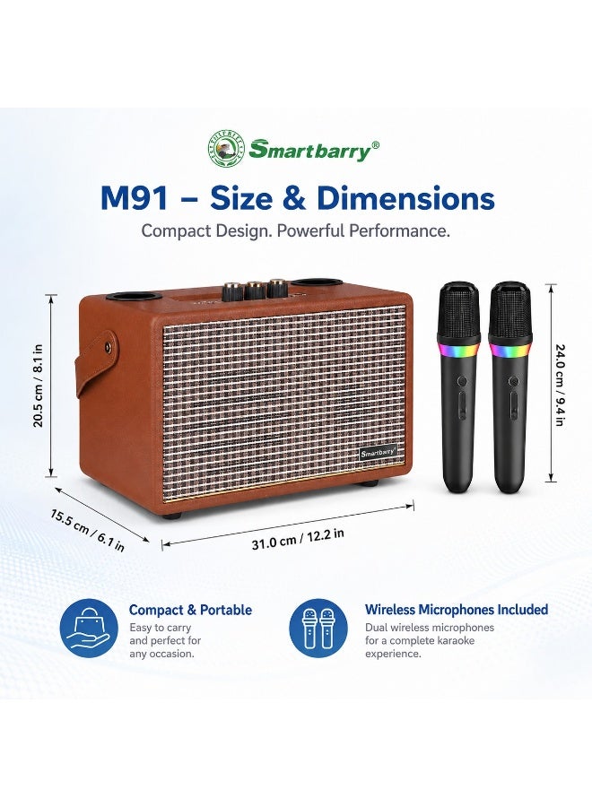Smartbarry M91 Wireless Karaoke Speaker with 2 Wireless Microphones – Portable Bluetooth Party Speaker, Retro Brown Design, Deep Bass, USB & AUX Support, Rechargeable Home & Outdoor Entertainment System - Image 4
