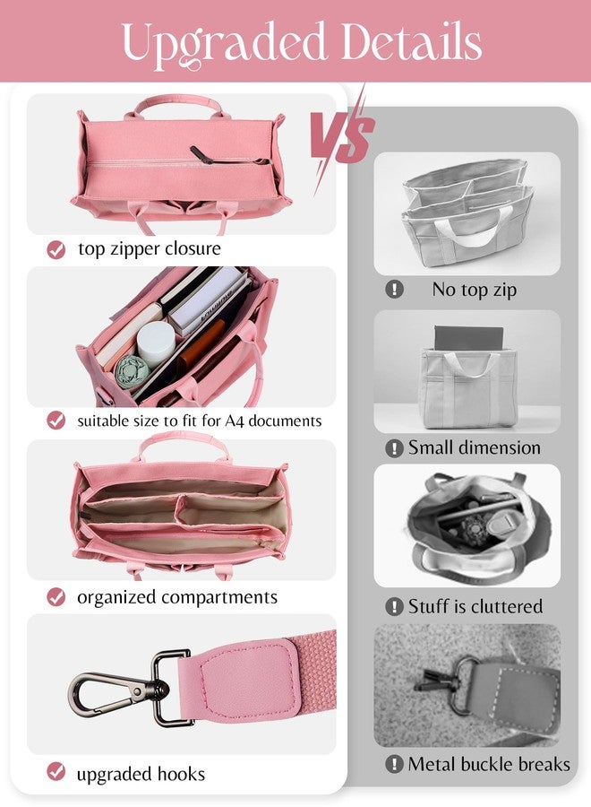 FIORETTO Canvas Tote Bag for Women with Zipper Closure & Individual Compartments for Work College, Crossbody Laptop Tote Purse Handbag with Detachable Strap & Bottom Support for Teacher & Nurse Pink - Image 2