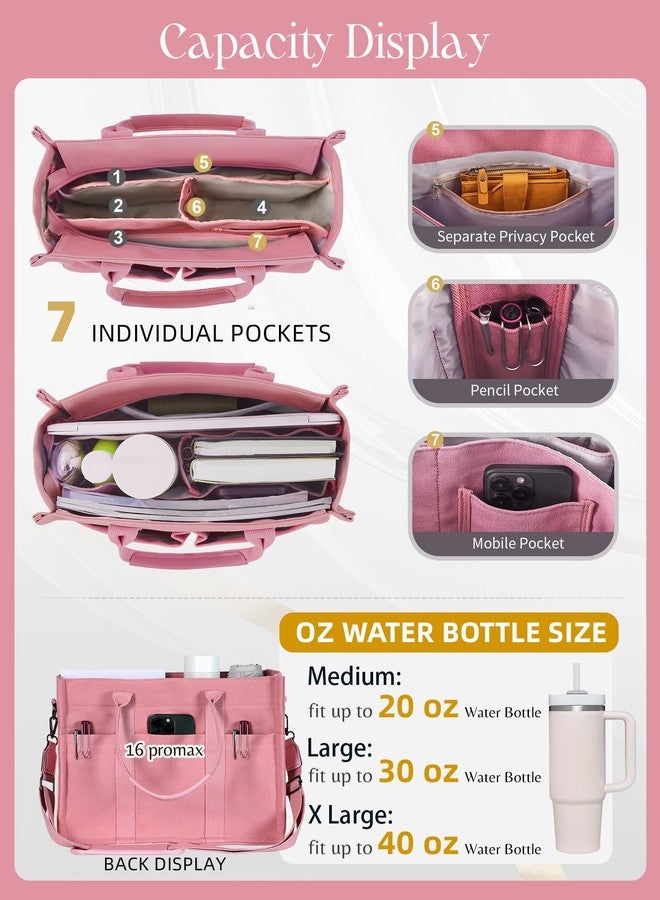 FIORETTO Canvas Tote Bag for Women with Zipper Closure & Individual Compartments for Work College, Crossbody Laptop Tote Purse Handbag with Detachable Strap & Bottom Support for Teacher & Nurse Pink - Image 5