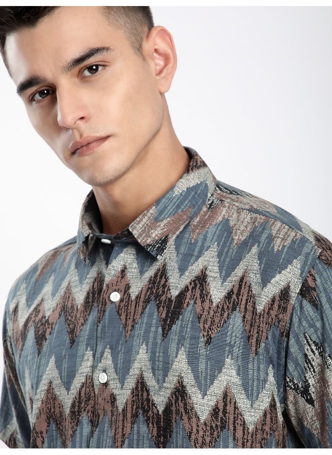 Beyoung Blue Chevron Half Sleeve Viscose Shirt  - Image 1