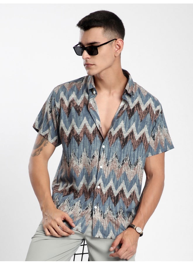 Beyoung Blue Chevron Half Sleeve Viscose Shirt  - Image 5