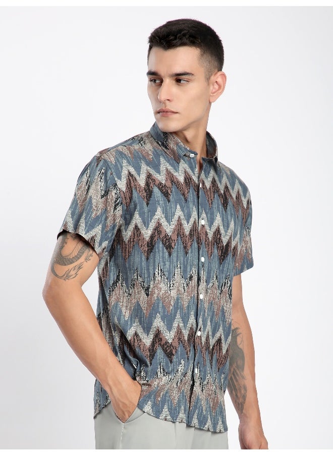 Beyoung Blue Chevron Half Sleeve Viscose Shirt  - Image 4