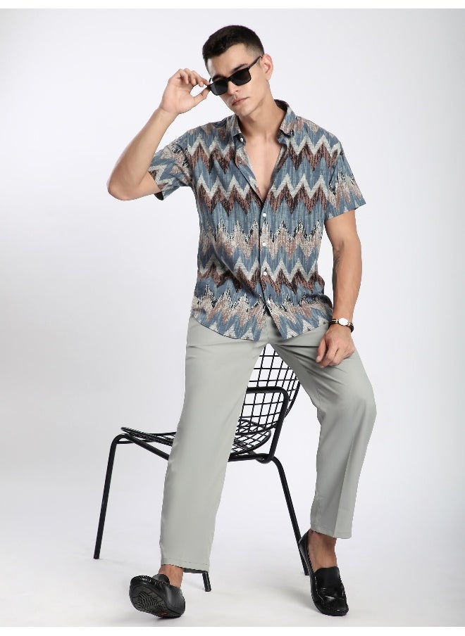 Beyoung Blue Chevron Half Sleeve Viscose Shirt  - Image 3