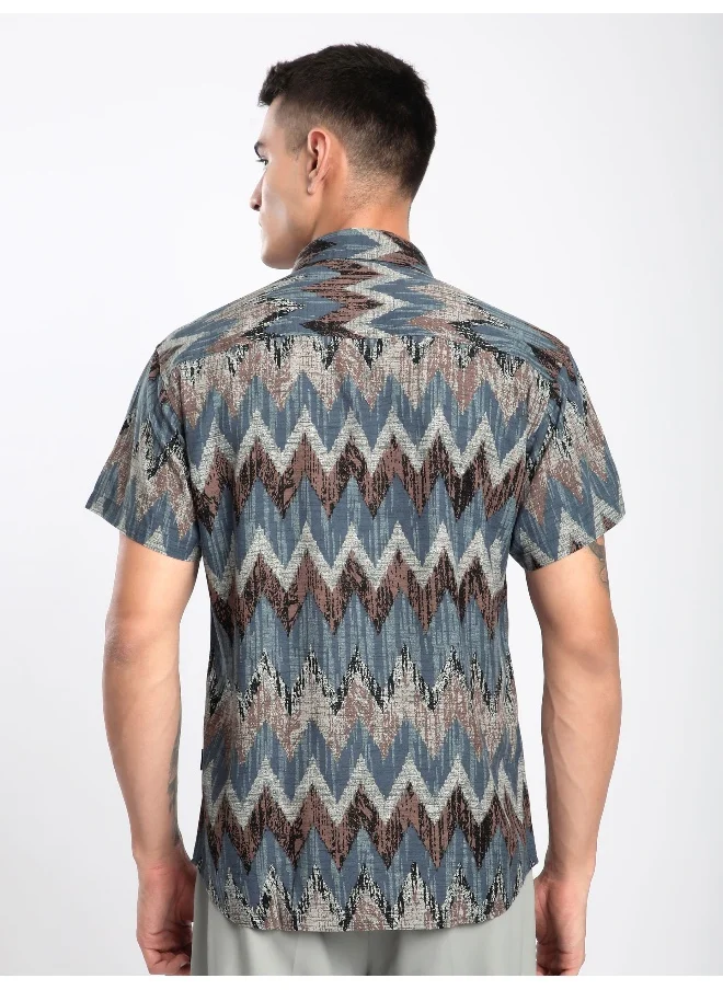 بيونغ Blue Chevron Half Sleeve Viscose Shirt