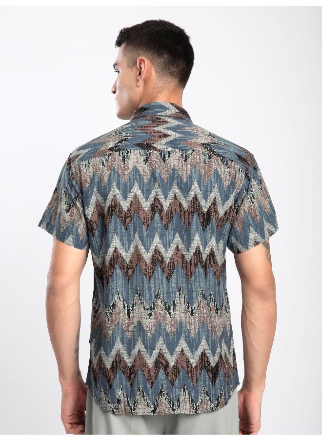 Beyoung Blue Chevron Half Sleeve Viscose Shirt  - Image 2