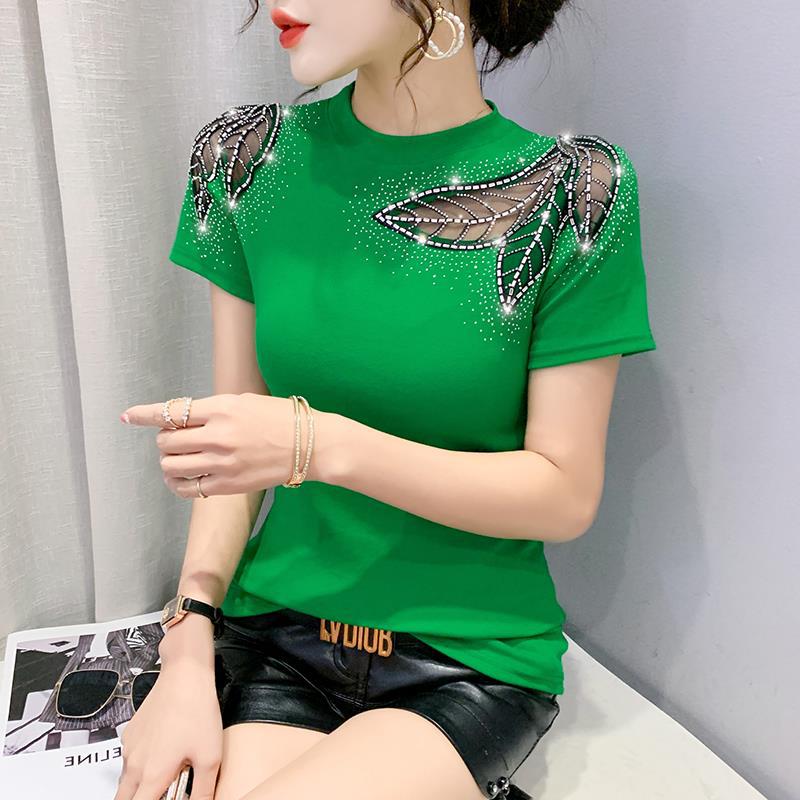 Of 2024 European Station Short-Sleeved Round Neck Fashionable Cut Out Lace Diamond Slim Slim T-Shirt For Women - Image 4