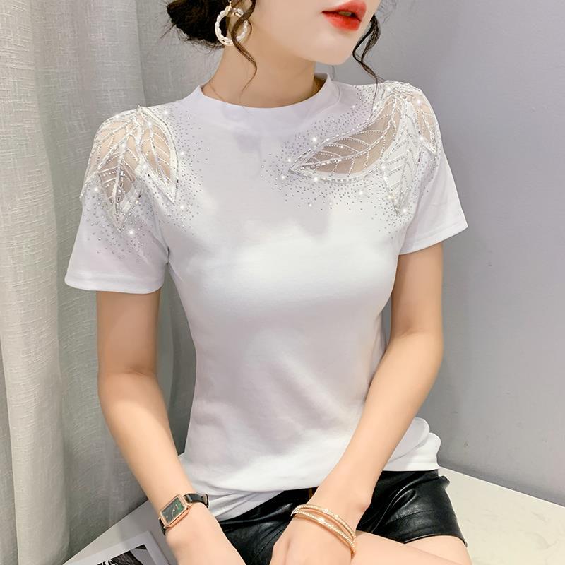 Of 2024 European Station Short-Sleeved Round Neck Fashionable Cut Out Lace Diamond Slim Slim T-Shirt For Women - Image 5