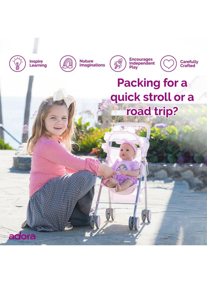 ادورا عربة أطفال أدورا بيبي دول مع غطاء مظلة وحواف مكشكشة، وغطاء شمسي قابل للتعديل، وتخزين ملحقات الدمية، هدية عيد ميلاد للأعمار من 3 سنوات فما فوق - قلب وردي فاتح - Image 3
