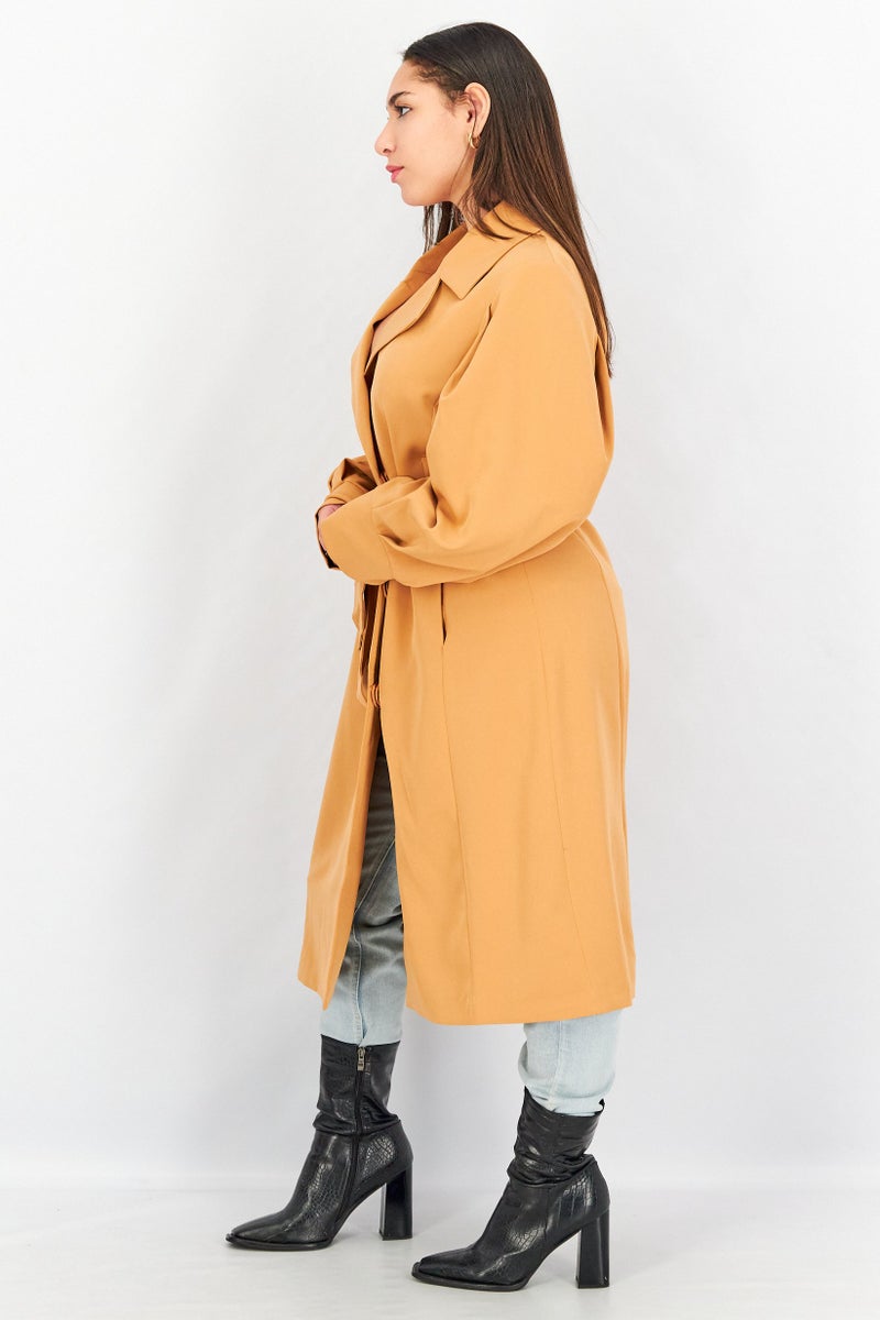 YAS Women Regular Fit Solid Trench Coat, Orange - Image 3