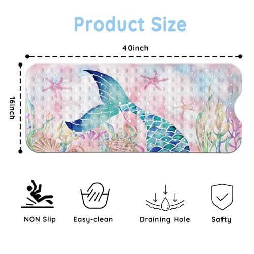 KINUUIS Bathtub Mats for Kids, Pink Mermaid Bath Mat for Tub Non Slip, 40 X 16 Inch Large Washable Bathtub Mat Non Slip for Showers with Drain Holes and Suction Cups - Image 2