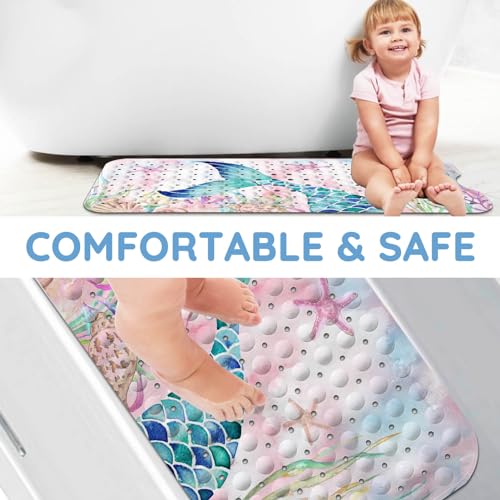 KINUUIS Bathtub Mats for Kids, Pink Mermaid Bath Mat for Tub Non Slip, 40 X 16 Inch Large Washable Bathtub Mat Non Slip for Showers with Drain Holes and Suction Cups - Image 4