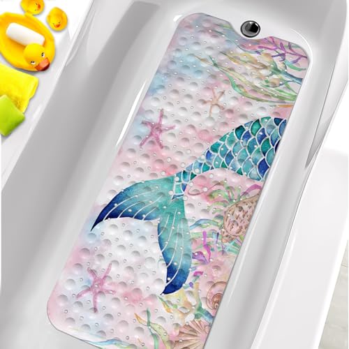 KINUUIS Bathtub Mats for Kids, Pink Mermaid Bath Mat for Tub Non Slip, 40 X 16 Inch Large Washable Bathtub Mat Non Slip for Showers with Drain Holes and Suction Cups - Image 1