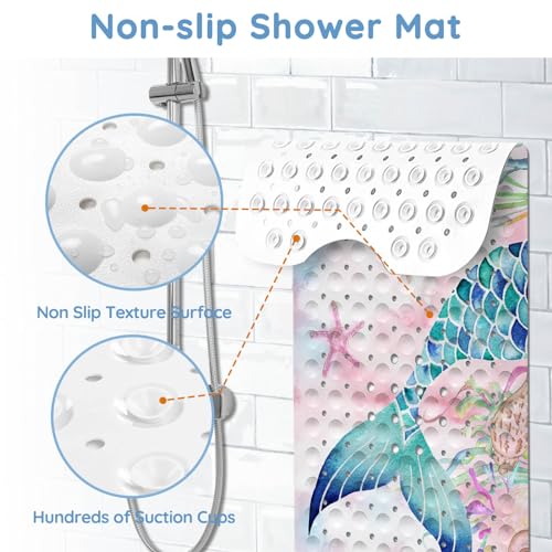 KINUUIS Bathtub Mats for Kids, Pink Mermaid Bath Mat for Tub Non Slip, 40 X 16 Inch Large Washable Bathtub Mat Non Slip for Showers with Drain Holes and Suction Cups - Image 3