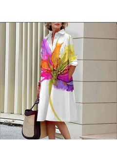 Elegant Floral 3D Digital Print Shirt Dress Single Row Button Long Sleeve Polyester Fashionable Gentle Wind Maxi Dress White
