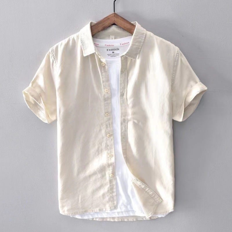 Summer Linen Shirt Mens Short Sleeve Thin Loose Linen Material Casual Cotton Linen Shirt Loose Fit Fashionable Urban Style Khaki  - Image 1