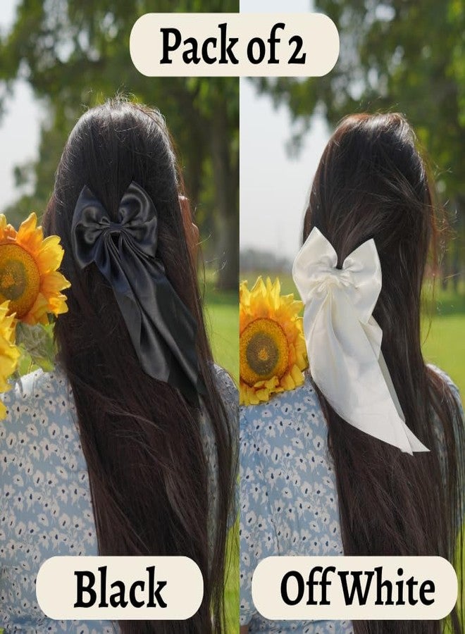 ChicTresses® Off White and Black - Hair Bows for Women and Girls - Luxury Silky Satin Barette Hair Bow Clips - Pack of 2 - Image 2