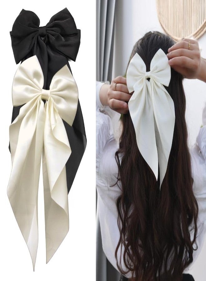 ChicTresses® Off White and Black - Hair Bows for Women and Girls - Luxury Silky Satin Barette Hair Bow Clips - Pack of 2 - Image 1