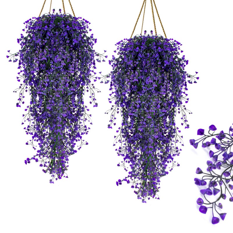 RAINFLOW 2PCS Artificial Hanging Plants Indoor - Vivid Fake Vines with Mini Purple Flowers, Fake Hanging Flowers Ivy Vine for Shelf Wall Living Room Home Garden Patio Balcony Yard Outdoor Decor - Image 1