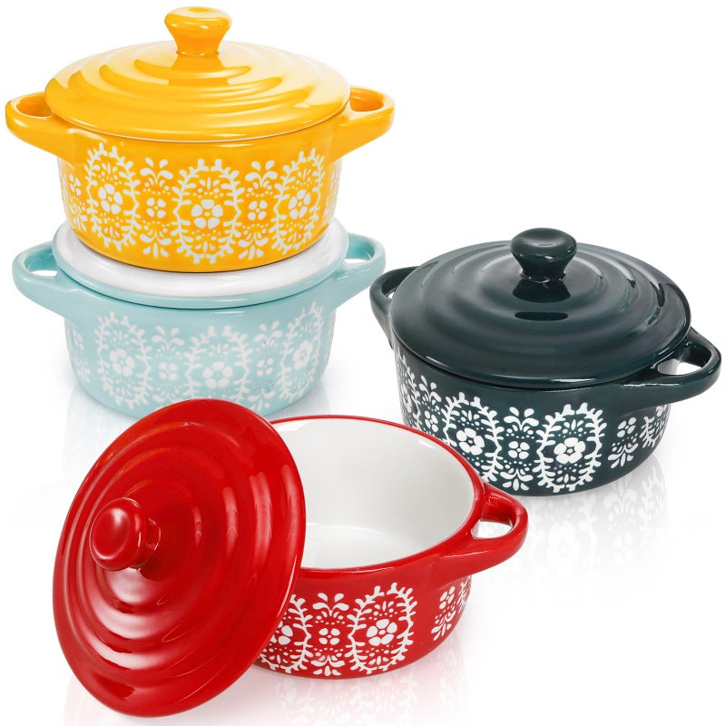 Goaste مجموعة 4 قطع من أطباق الرامكين المصنوعة من البورسلين مع أغطية سعة 7 أونصات، طبق كاسرول صغير مع مقابض، مجموعة من الأوعية السيراميكية الدائرية، طبق خبز فردي صغير للسوفليه، كريمة بروليه، كعكة لافا، حساء، 4 ألوان