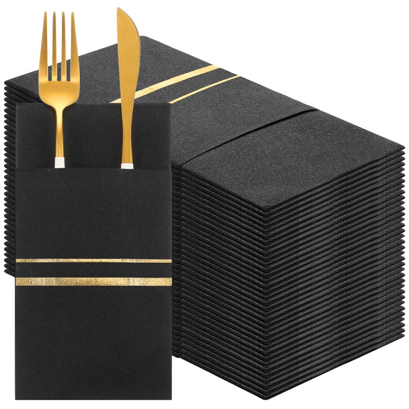 SEEWEY 100 Pack Dinner Napkins Disposable Linen Feel Dinner Napkins with Built-in Flatware Pocket Gold Trim Lined Pre Folded Napkins Cloth Like Paper Napkins for Wedding Dinner Party (Black Gold) - Image 1