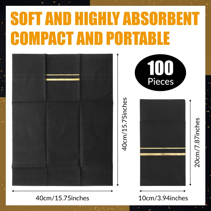 SEEWEY 100 Pack Dinner Napkins Disposable Linen Feel Dinner Napkins with Built-in Flatware Pocket Gold Trim Lined Pre Folded Napkins Cloth Like Paper Napkins for Wedding Dinner Party (Black Gold) - Image 2