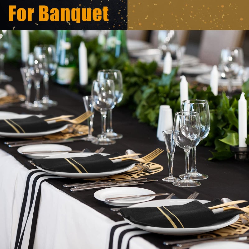 SEEWEY 100 Pack Dinner Napkins Disposable Linen Feel Dinner Napkins with Built-in Flatware Pocket Gold Trim Lined Pre Folded Napkins Cloth Like Paper Napkins for Wedding Dinner Party (Black Gold) - Image 4