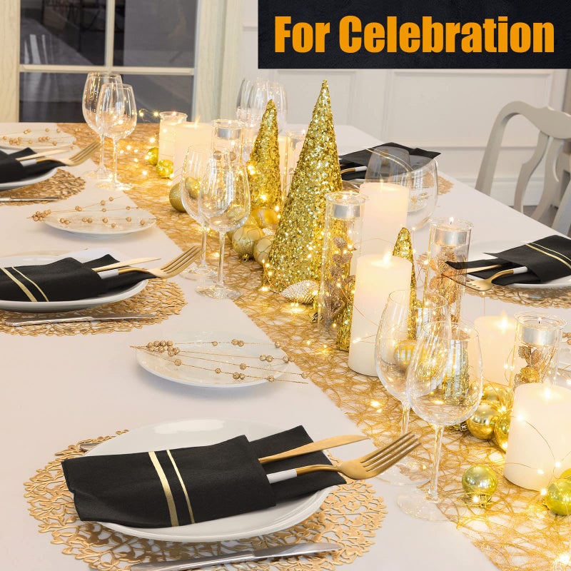 SEEWEY 100 Pack Dinner Napkins Disposable Linen Feel Dinner Napkins with Built-in Flatware Pocket Gold Trim Lined Pre Folded Napkins Cloth Like Paper Napkins for Wedding Dinner Party (Black Gold) - Image 5